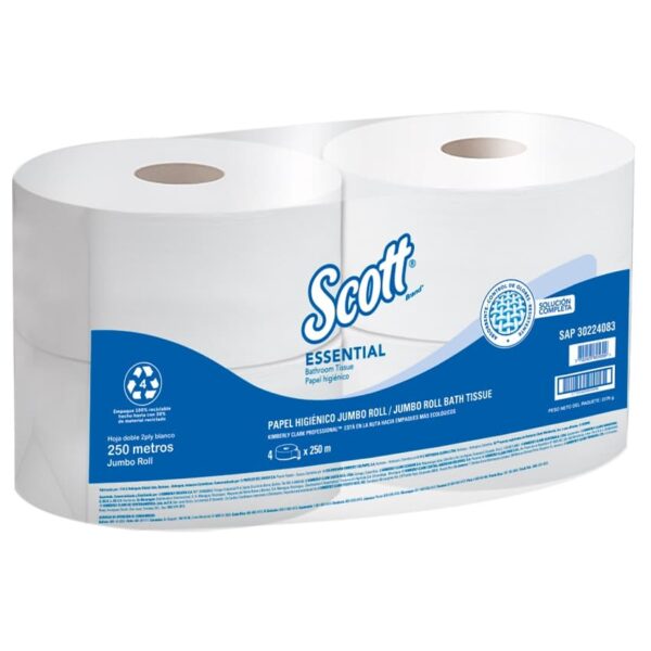 Papel Higiénico Jumbo Scott Blanco. Hoja Doble, 250mts x 4und.