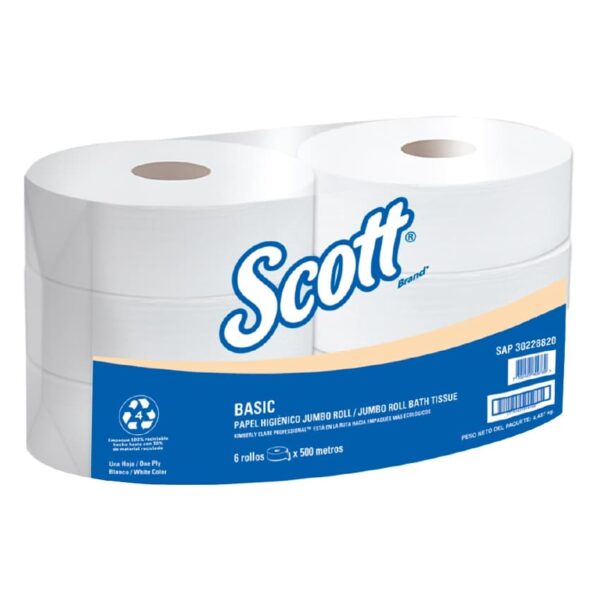 Papel Higiénico Jumbo Scott Blanco. Hoja Simple, 500mts x 6und.